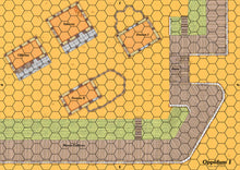 Charger l'image dans la galerie, Carte pour le jeu Oppidum représentant la porte d'entrée d'une forteresse celte et quelques maisons.